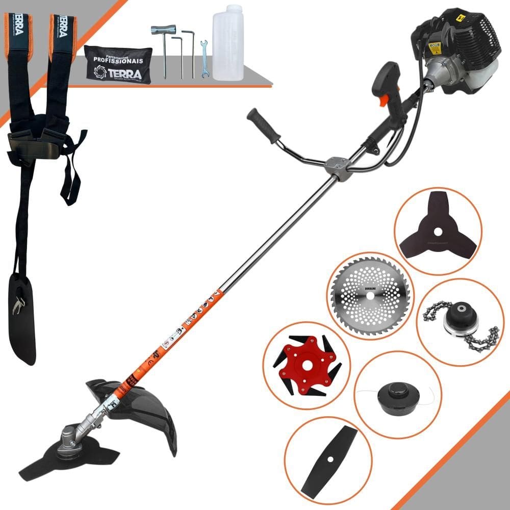 Roçadeira Lateral Terra GRH430 À Gasolina 43cc 1,7HP Com Carretel + Faca 2 Pontas + Faca 3 Pontas + Faca 6 Pontas + Faca 40 Dentes Vídea + Trimmer