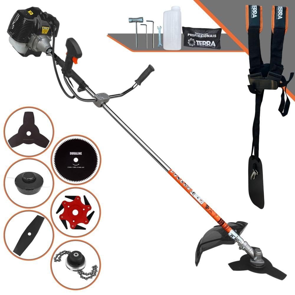 Roçadeira À Gasolina GRH430 Terra 43cc 2T 1,7HP Completa Com Carretel Nylon + Faca 2 Pontas + Faca 3 Pontas + Faca 6 Pontas + Faca 80 Dentes + Trimmer