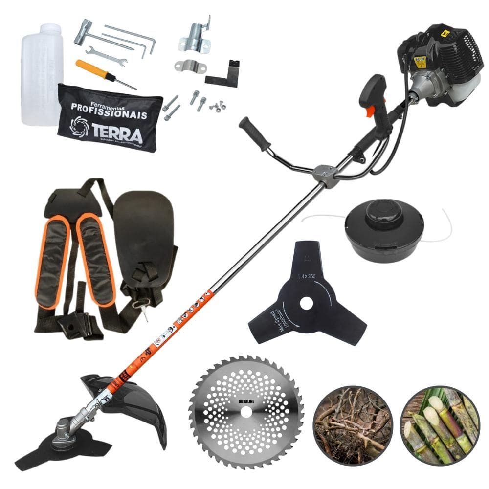 Roçadeira Robusta Terra GRH430 À Gasolina 2 Tempos 43cc 1,7HP 6.500rpm 3 Opções de Corte Com Lâmina 3 Pontas + Lâmina 40 Dentes + Carretel de Nylon