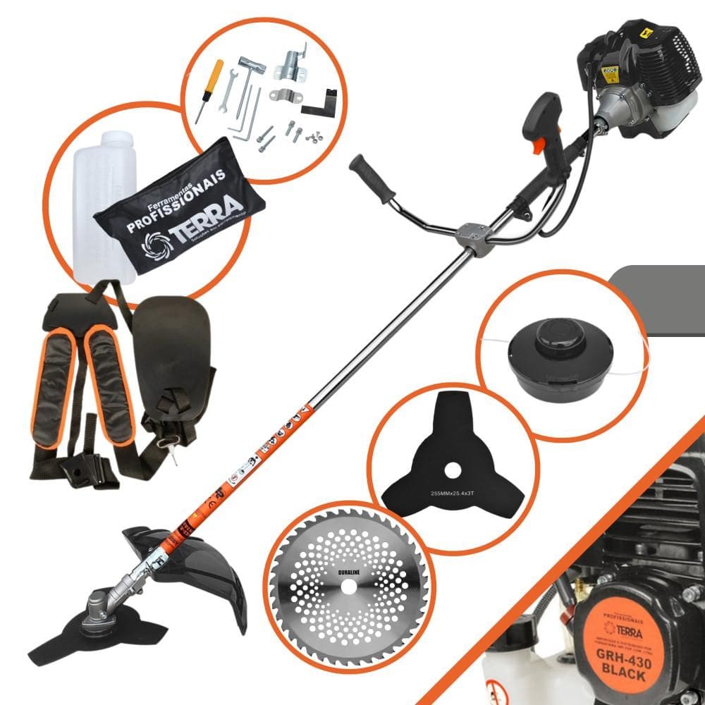 Roçadeira Robusta Terra GRH430 À Gasolina 2 Tempos 43cc 6.500rpm 1,7HP de Potência Completo Com Lâmina 3 Pontas + Lâmina 40 Dentes + Carretel de Nylon