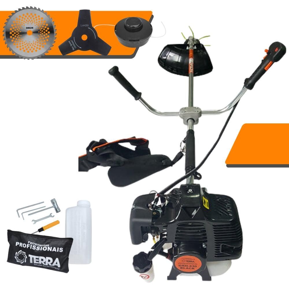 Roçadeira Profissional Terra GRH-430 2 Tempos 43cc 1,7HP de Potência Cortador de Grama Com Cabeçote de Nylon + Lâmina 3 Pontas + Lâmina 40 Dentes