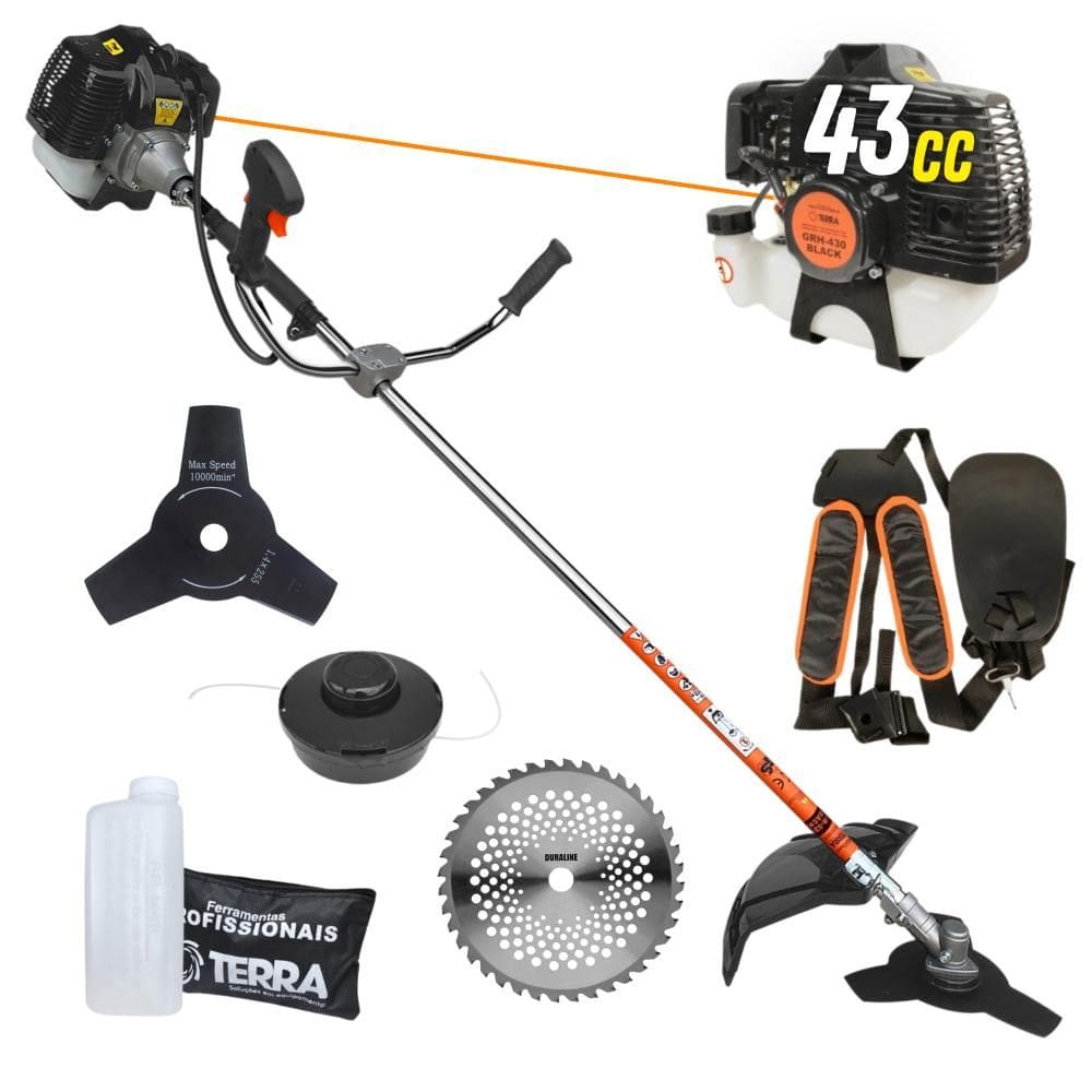 Roçadeira Podador de Grama GRH-430 Terra À Gasolina 2 Tempos 43cc 1,7HP Alta Rotação Completo Com Carretel de Nylon + Faca 3 Pontas + Faca 40 Dentes