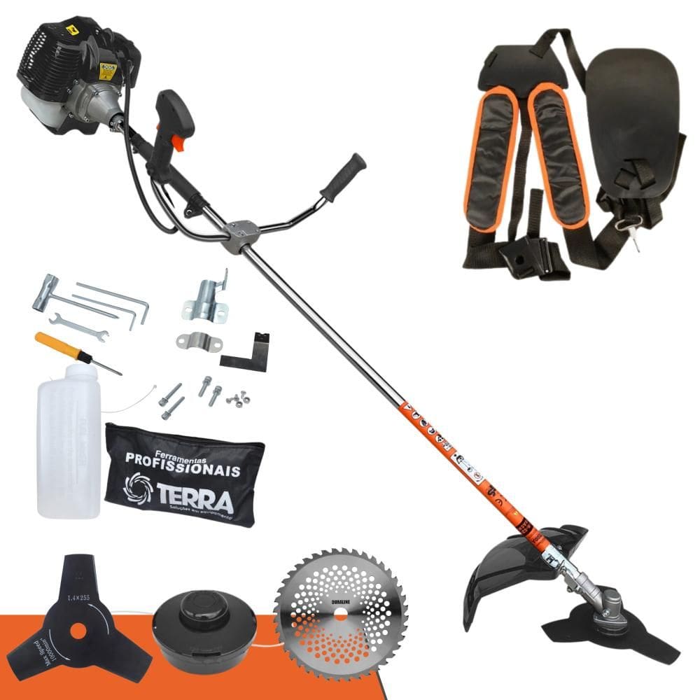 Roçadeira À Gasolina Terra GRH430 43cc 1,7HP de Potência 2T Alta Rotação Completa Com Carretel de Nylon + Faca 3 Pontas + Faca 40 Dentes de Vídea