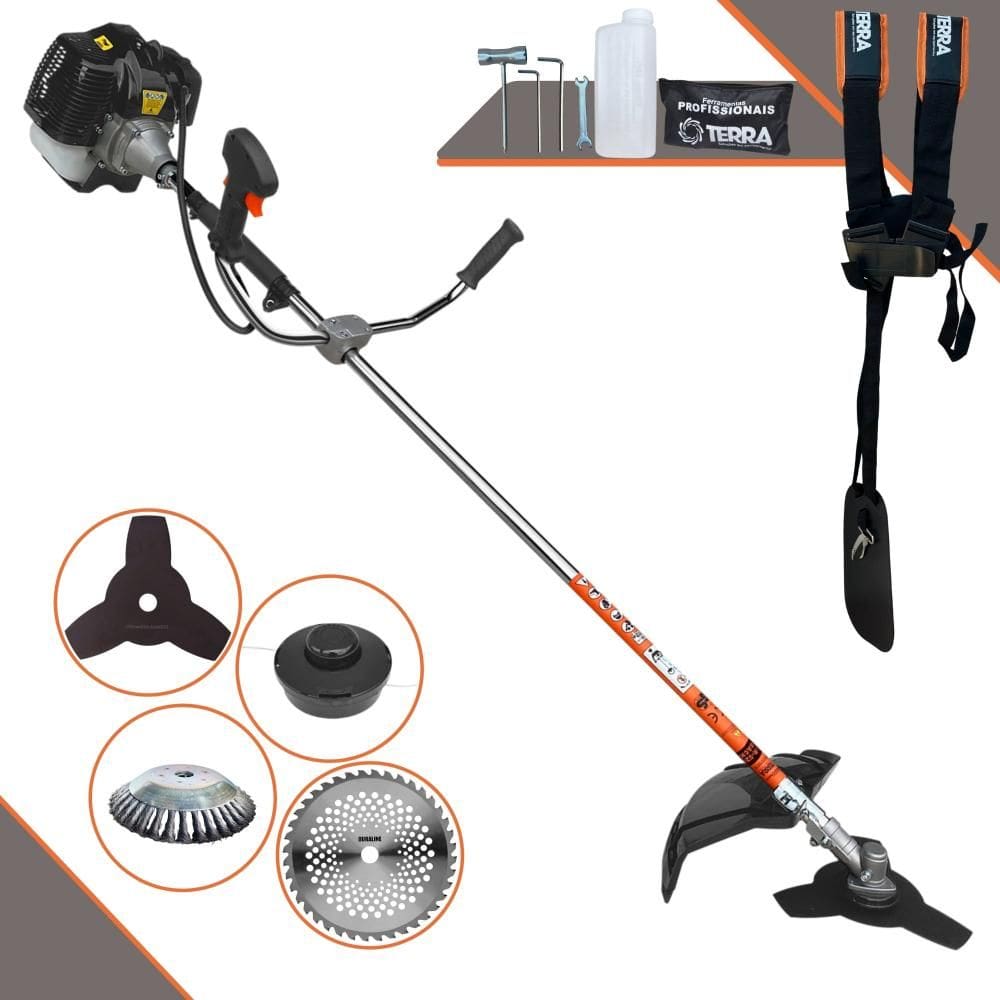 Roçadeira À Gasolina Terra GRH-430 43cc 1,7HP 6.500rpm Motor 2T Com Lâmina 3 Pontas + Lâmina 40 Dentes de Vídea+ Escova de Aço + Carretel de Nylon