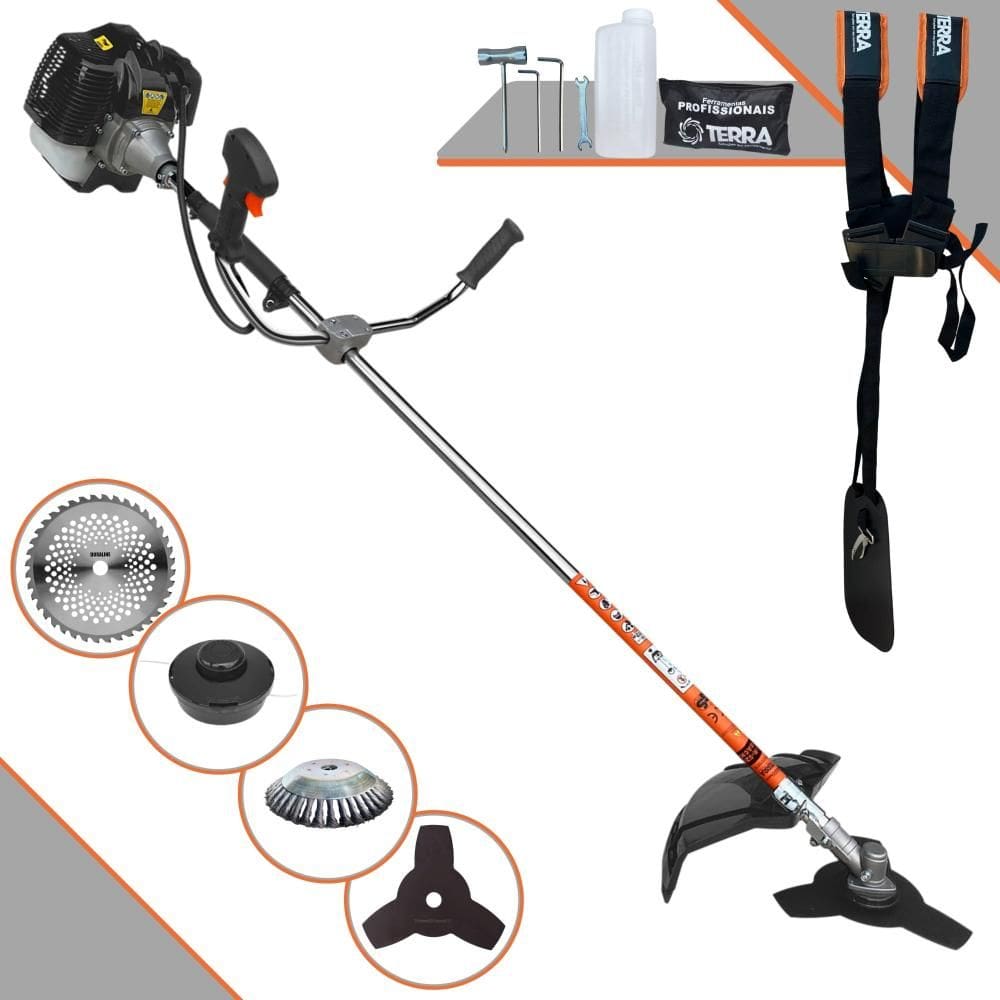 Roçadeira Lateral Terra GRH430 À Gasolina 43cc 1,7HP Multifuncional Com Carretel e Faca 3 Pontas + EXTRA Faca 40 Dentes Vídea e Escova de Aço Circular