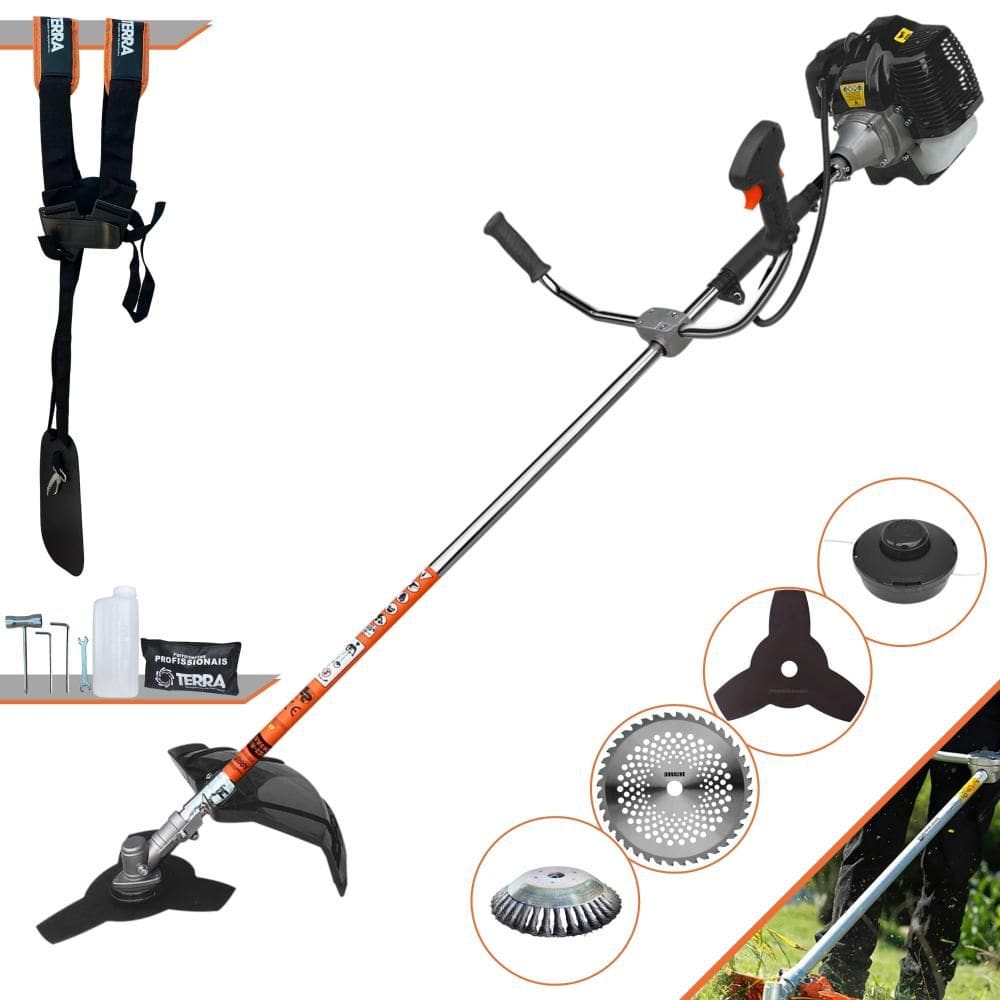 Roçadeira Profissional Terra GRH430 À Gasolina 43cc 1,7HP 6.500rpm Com Carretel de Nylon + Faca 3 Pontas + Faca 40 Dentes + Escova Rotativa de Aço