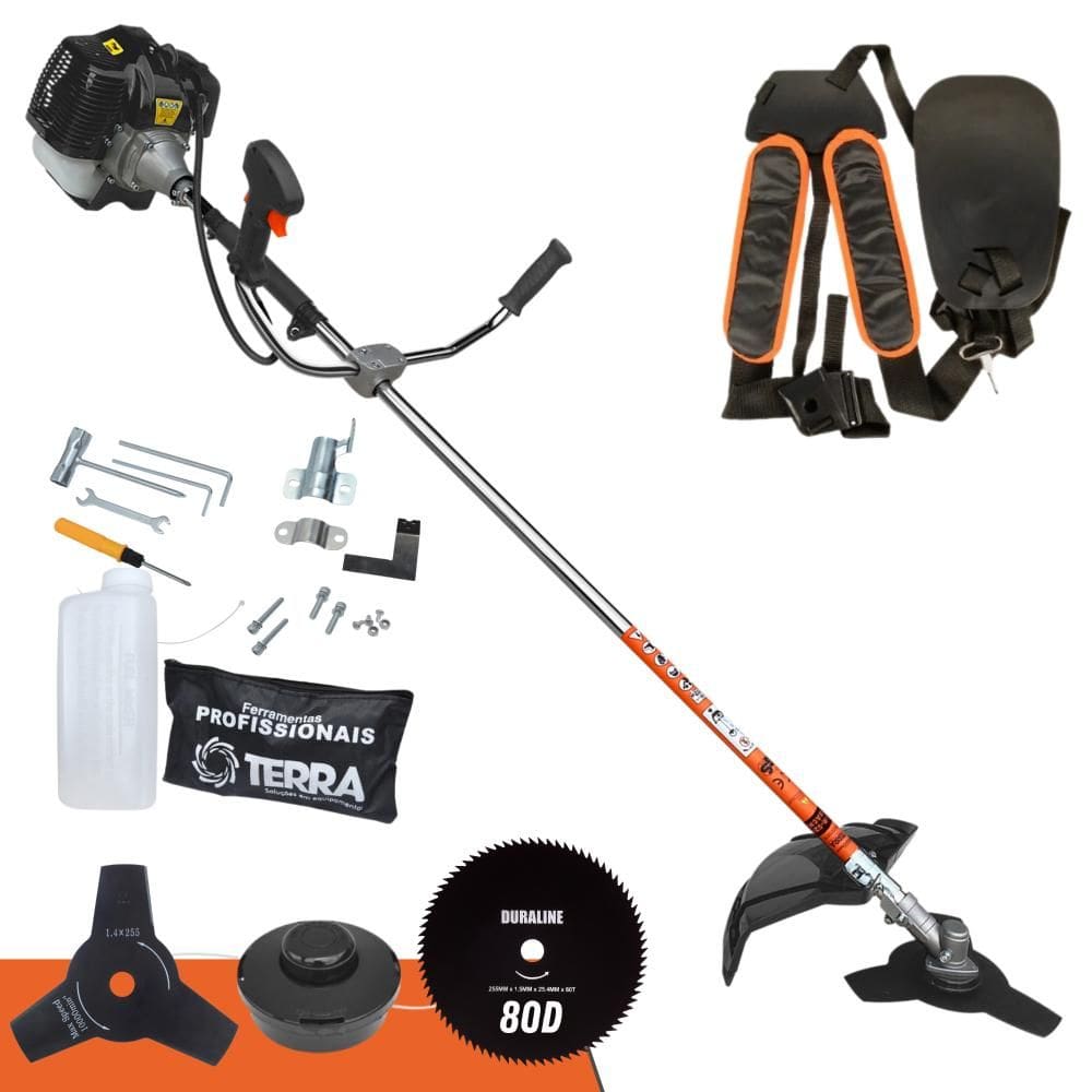 Roçadeira À Gasolina Terra GRH430 43cc 1,7HP de Potência 2 Tempos Alta Rotação Completa Com Carretel de Nylon + Faca 3 Pontas + Faca 80 Dentes 255mm
