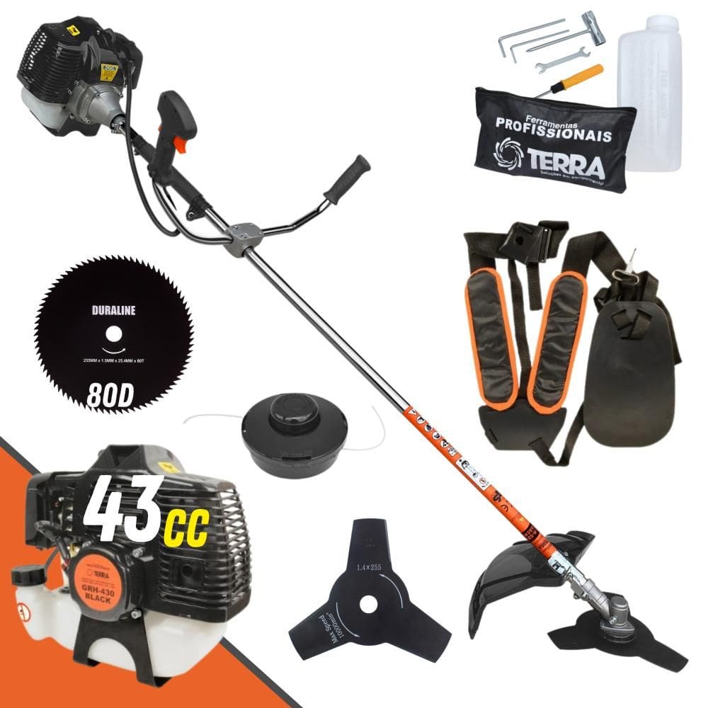 Roçadeira Multifuncional Terra GRH-430 À Gasolina 43cc 6.500rpm 1,7HP de Potência Completo Com Lâmina 3 Pontas + Lâmina 80 Dentes + Carretel de Nylon