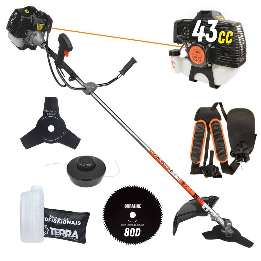 Roçadeira À Gasolina GRH-430 Terra 2 Tempos 43cc 1,7HP Alta Rotação Cortador de Grama Completo Com Carretel de Nylon + Faca 3 Pontas + Faca 80 Dentes