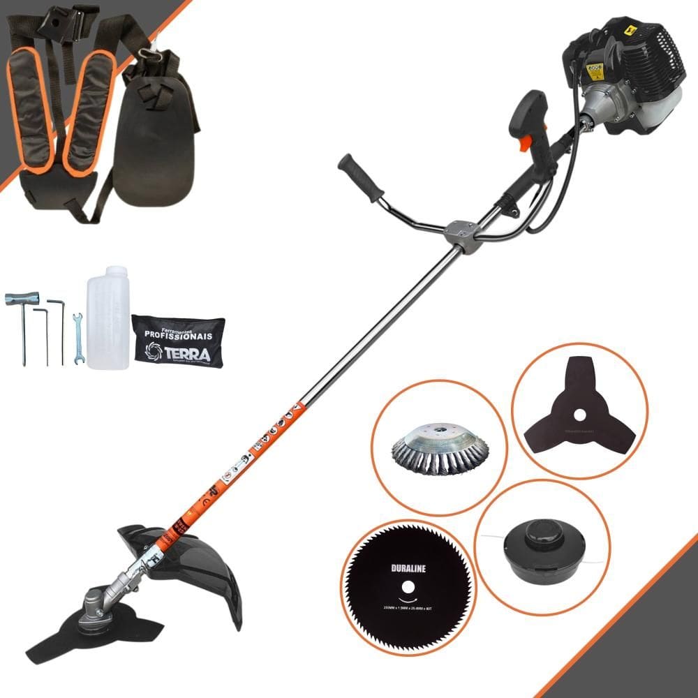 Roçadeira Cortador de Grama GRH430 Terra À Gasolina 43cc 1,7HP 6.500rpm Com Carretel Nylon + Faca 3 Pontas + Faca 80 Dentes + Escova de Aço 38 Cerdas