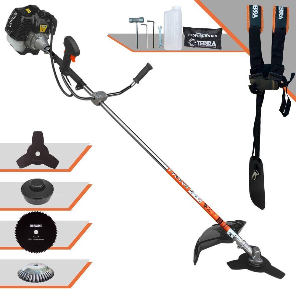 Roçadeira Podador de Grama Terra GRH-430 À Gasolina 2T 43cc 1,7HP Completa Com Carretel de Nylon + Faca 3 Pontas + Faca 80 Dentes + Escova de Aço
