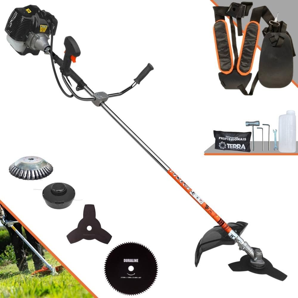 Roçadeira Profissional Terra GRH430 À Gasolina 43cc 6.500rpm 1,7HP 4 Opções de Corte Com Faca 3 Pontas, Faca 80 Dentes, Escova de Aço e Carretel Nylon