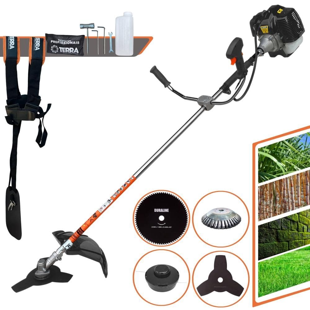 Roçadeira Robusta Terra GRH430 À Gasolina 2T 43cc 1,7HP 4 Opções de Corte Com Lâmina 3 Pontas, Lâmina 80 Dentes, Escova de Aço e Carretel de Nylon