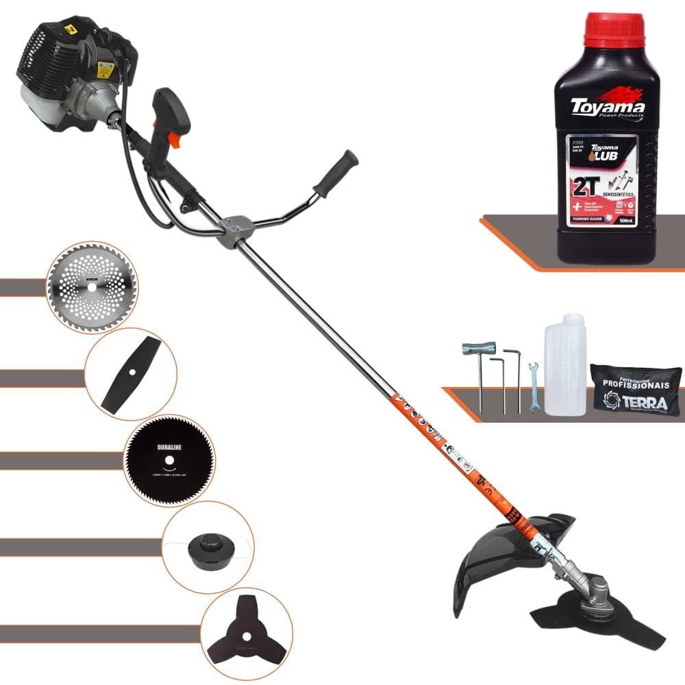 Roçadeira Multifuncional Terra GRH430 À Gasolina 43cc 1,7HP 6.500rpm Completa 5 Em 1 Com Carretel + Kit 4 Lâminas de Corte + ÓLEO TOYAMA 2 Tempos