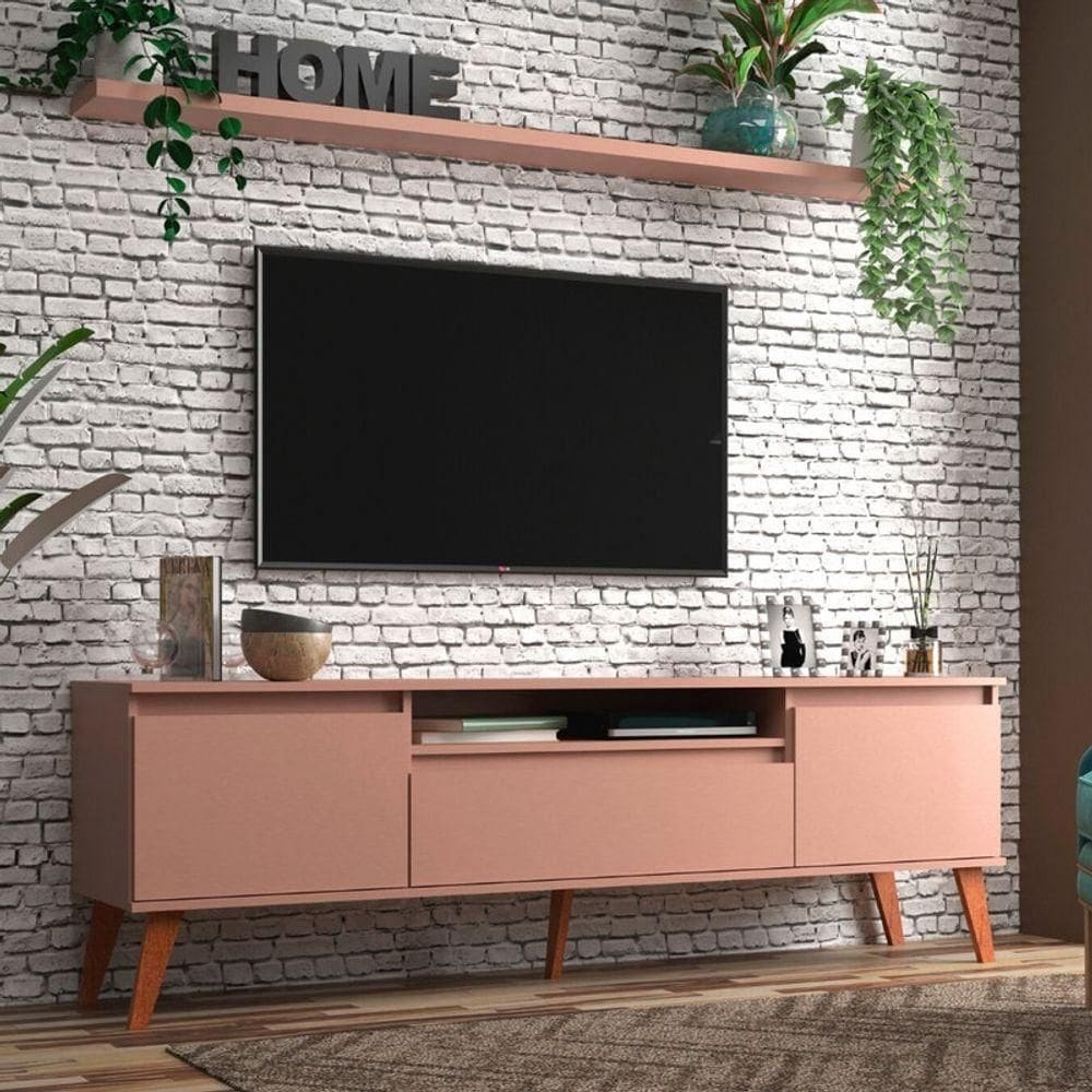 Rack Para Tv Com Prateleira 180cm Retro Mdf Rosa Dallas - On Móveis