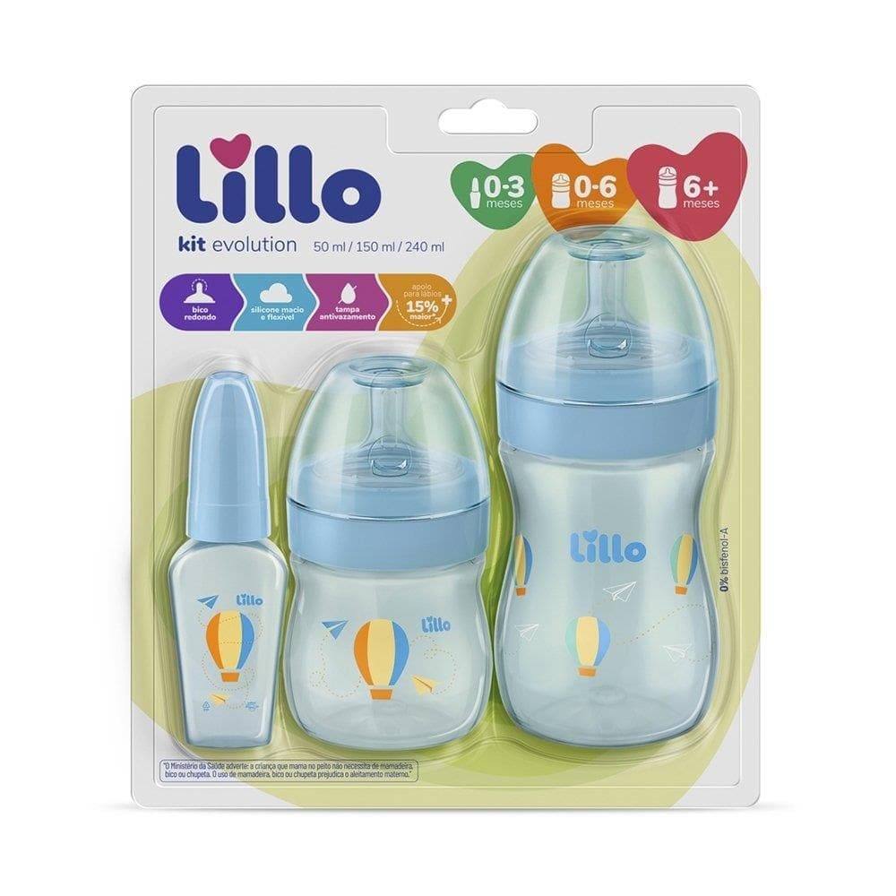 Kit de Mamadeira Lillo Evolution Primeiros Passos 3 Peças Azul