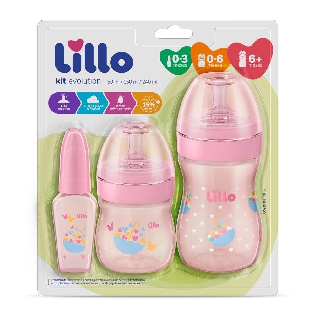 Kit de Mamadeira Lillo Evolution Primeiros Passos 3 Peças Rosa