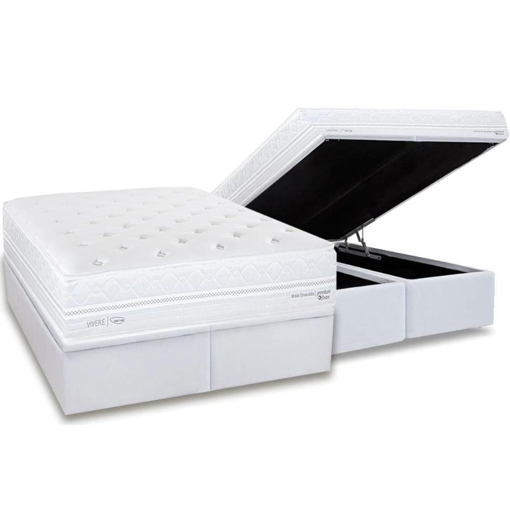 Cama Box Baú Queen: Colchão Molas Molas Ensacadas Ensacadas Herval C1782 + Base CRC Linhão White (158x198)