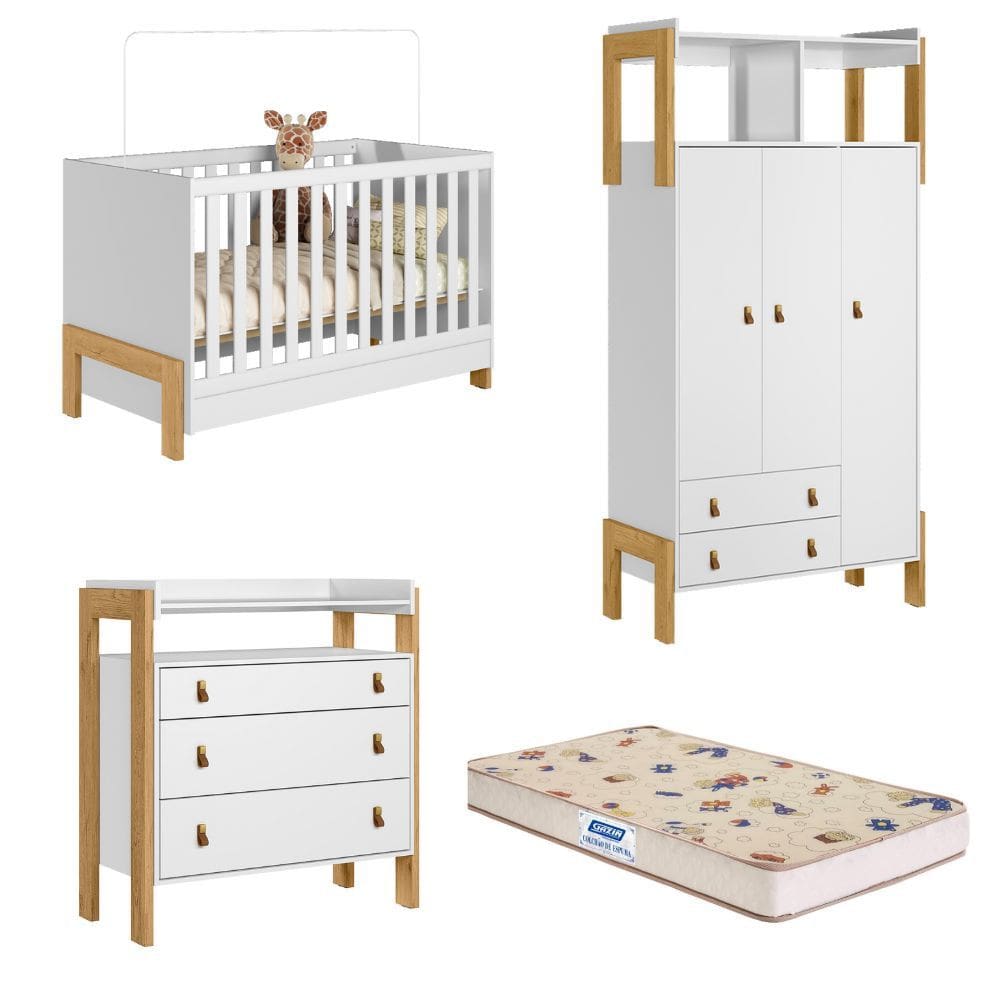 Quarto de Bebê Completo Berço mini cama Guarda Roupa Cômoda Fantasia Qmovi e Colchão Gazin
