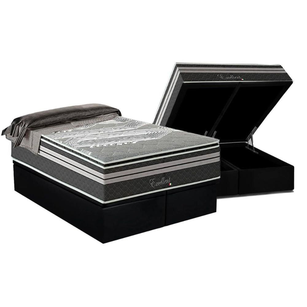 Cama Box Baú Queen: Colchão Molas Ensacadas Paropas Excellent Grafite + Base CRC Suede Black (158x198)