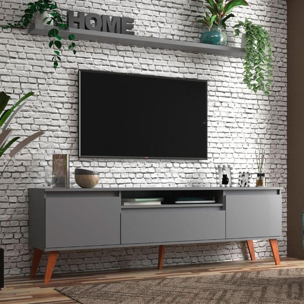 Rack Para Tv Com Prateleira 180cm Retro Mdf Grafite Dallas - On Móveis