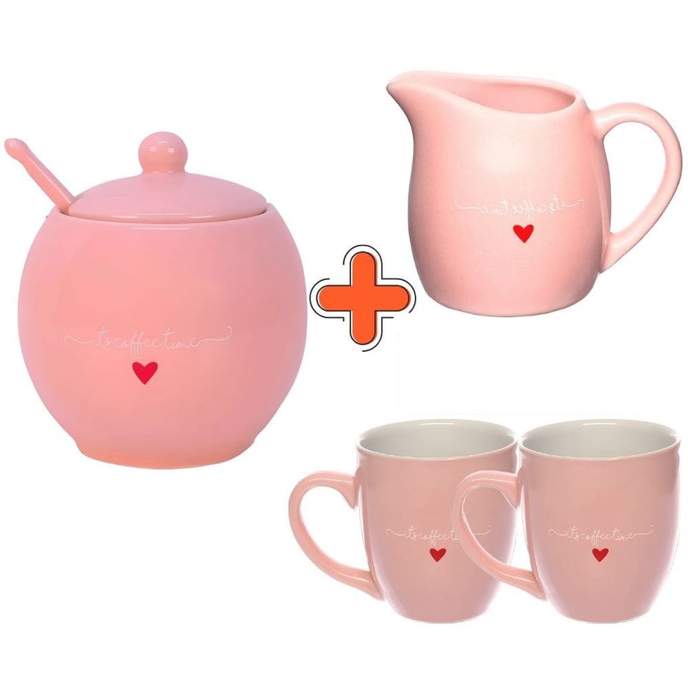 Conjunto L`amour Açucareiro 350ml, Leiteira 245ml e 2 Canecas 300ml em Porcelana Rosa