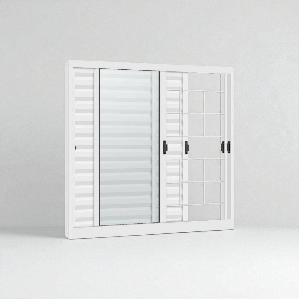 Janelas de Aço Veneziana de Correr Lateral R-120 - 3 Folhas C/ Grade -Vidro- Epox Branco