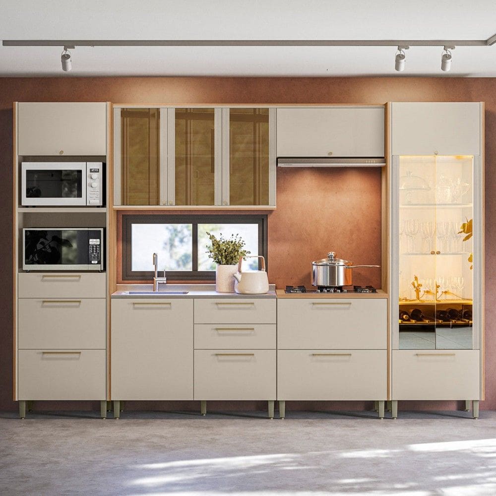 Cozinha Completa Atena 11 Portas 7 Gavetas 100% Mdf com Vidro Jequitibá/Off White Fosco - Linea Brasil