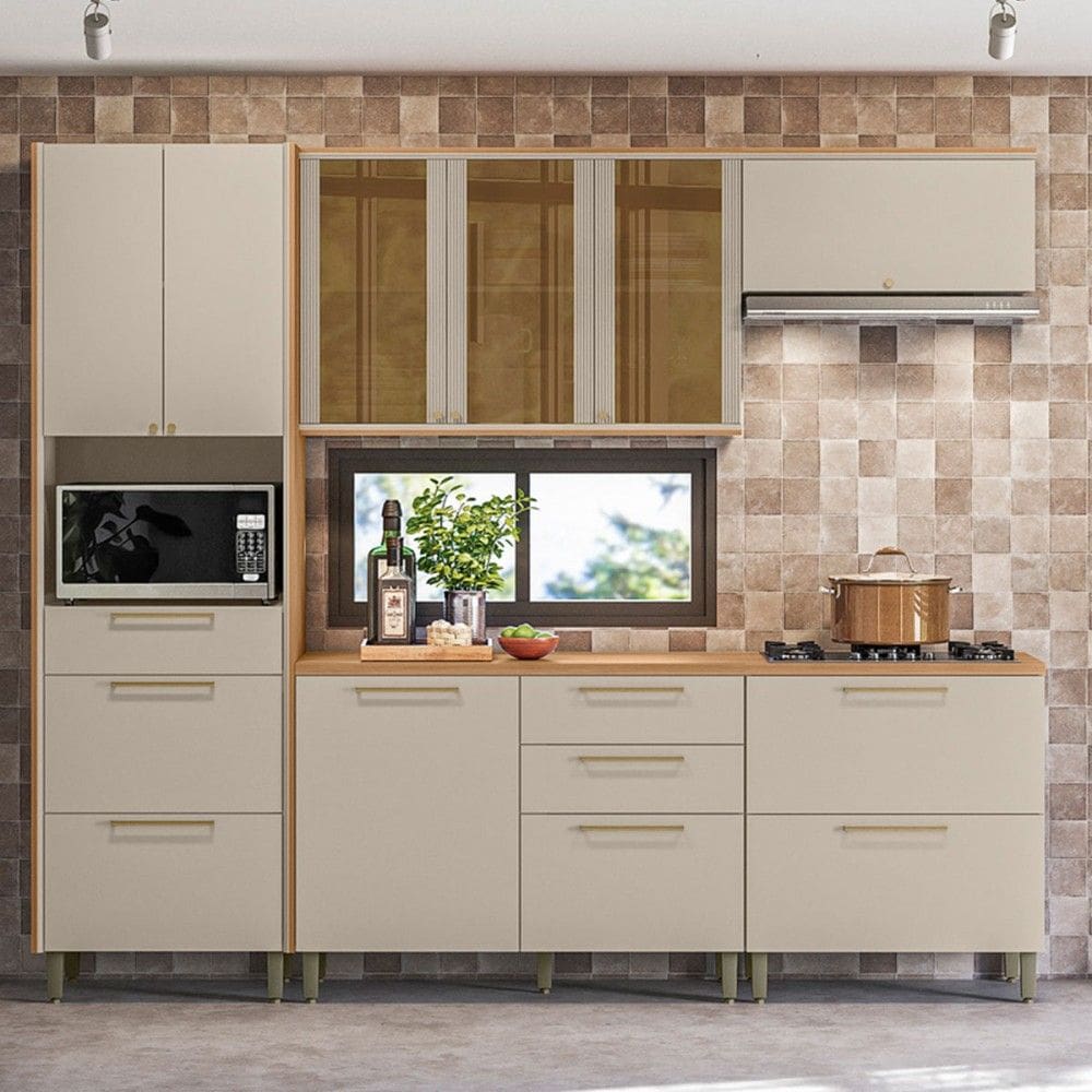 Cozinha Completa Atena 9 Portas 6 Gavetas 100% Mdf com Vidro 810016109 Jequitibá/Off White - Linea Brasil