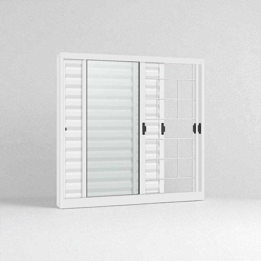 Janelas de Aço Veneziana de Correr Lateral R-120 - 3 Folhas C/ Grade -Vidro- Epox Branco