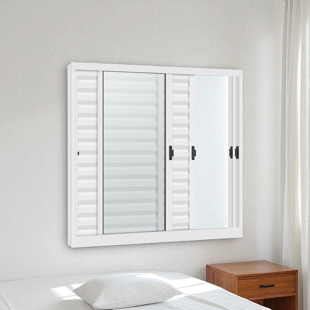 Janelas de Aço Veneziana de Correr Lateral R-120 - 3 Folhas C/ Vidro- Epox Branco