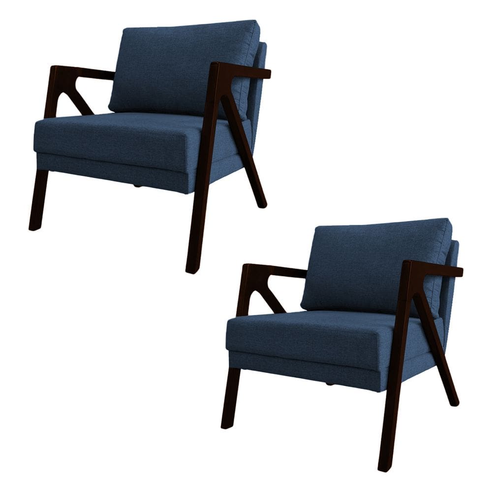 Kit 2 Poltronas Mona Monique Luxo Base Madeira Maciça Castanho Linho Azul