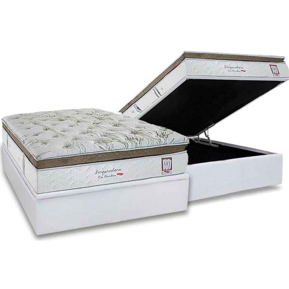 Cama Box Baú Casal: Colchão Molas MasterPocket Ensacadas Herval Imperatore Eco Bamboo + Base CRC Linhão White (138x188)