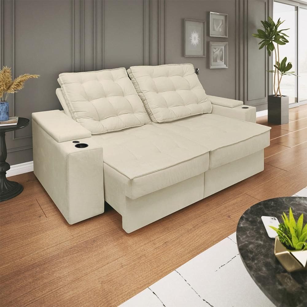 Sofá Retratil Reclinavel 3 Lugares 2,30m Porta Copo USB Bege