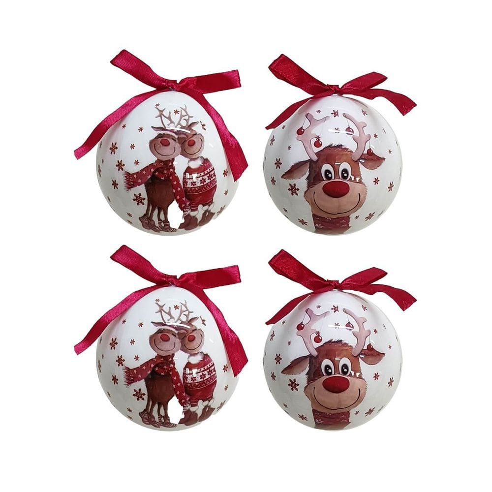 Jogo 2 Bolas de Natal Decoradas Branco Laqueado Rena Love Com Laço Vermelho 7,5cm
