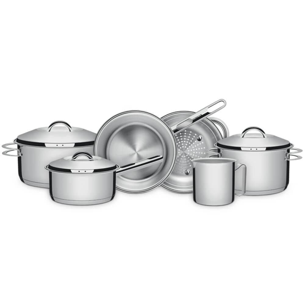 Jogo de Panelas Tramontina Solar 6 Peças em Aço Inox com Fundo Triplo e Tampas de Inox 65510200