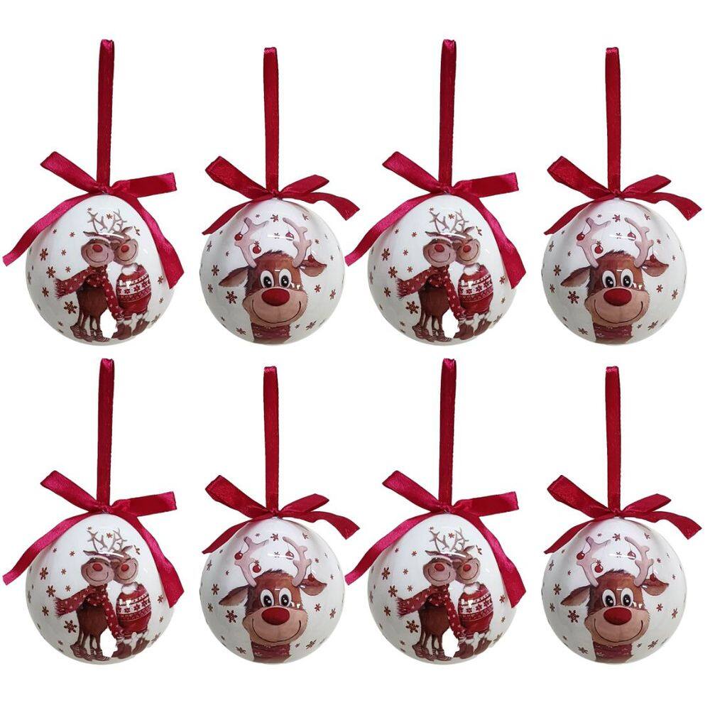 Kit 8 Bolas Natal Decoradas Brancas Estampa Rena Love e Laço Vermelho 7,5cm