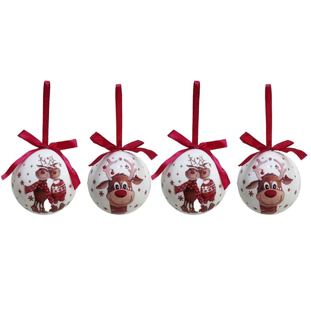 Conjunto 4 Bolas de Natal Decorada Branco Laqueado Premium Renas Love Com Laço Vermelho 7,5cm