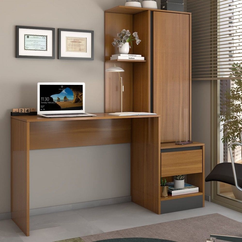 Mesa Escrivaninha Alune com Estante 1 Porta 1 Gaveta Freijó/Grafite - Panorama Móveis