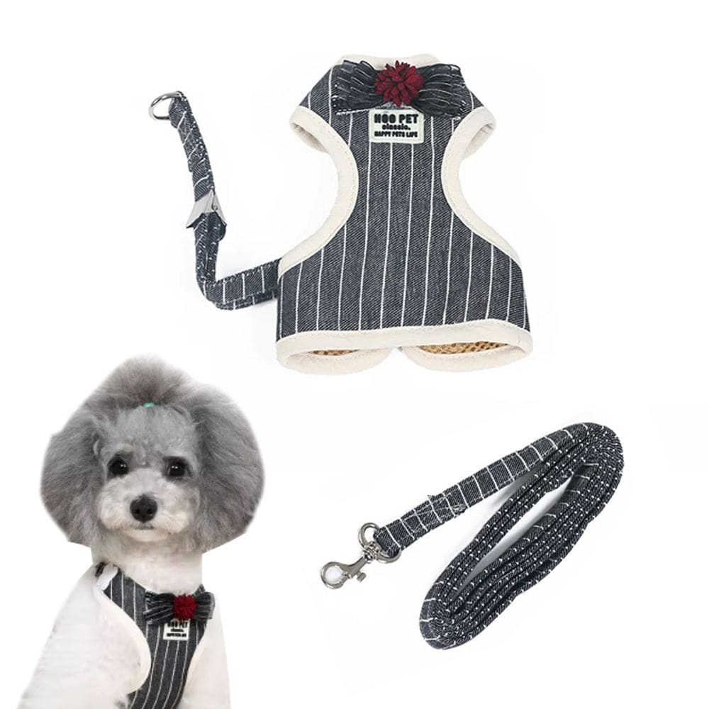 Coleira Peitoralcom Guia Listras Preta Flor Cachorro Gato Pequeno Porte