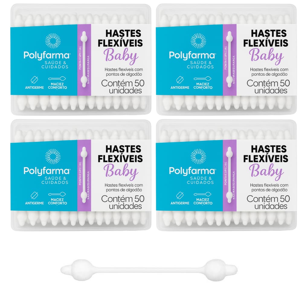 kit 4 Caixas Cotonete Para Bebês Hastes Flexíveis Polyfarma 200 Unidades