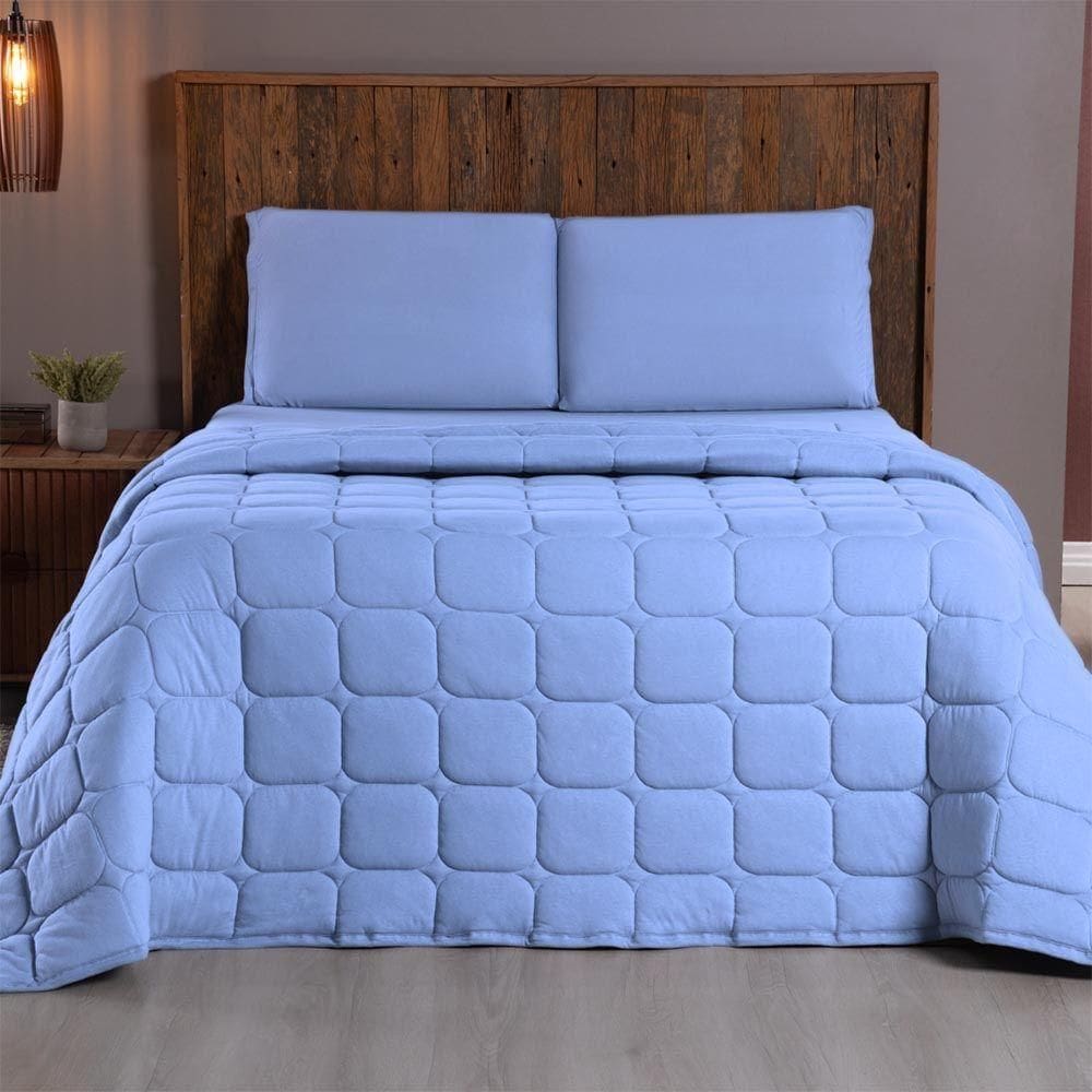 Kit Cobre Leito Colcha Minimal Queen 3 Peças Malha 100% Algodão - Azul Claro