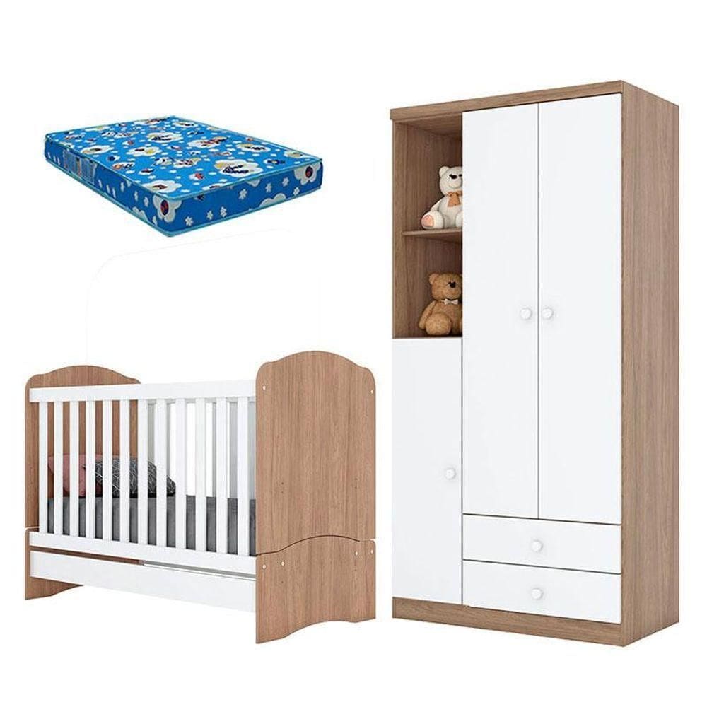Berço E Guarda Roupa Infantil Bala De Menta Rústico Branco Com Colchão Ortobom - Henn