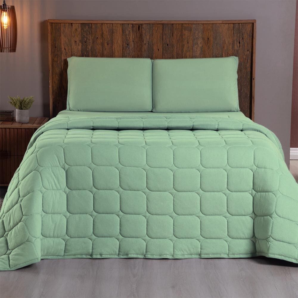 Kit Cobre Leito Colcha Minimal Casal 3 Peças Malha 100% Algodão - Verde