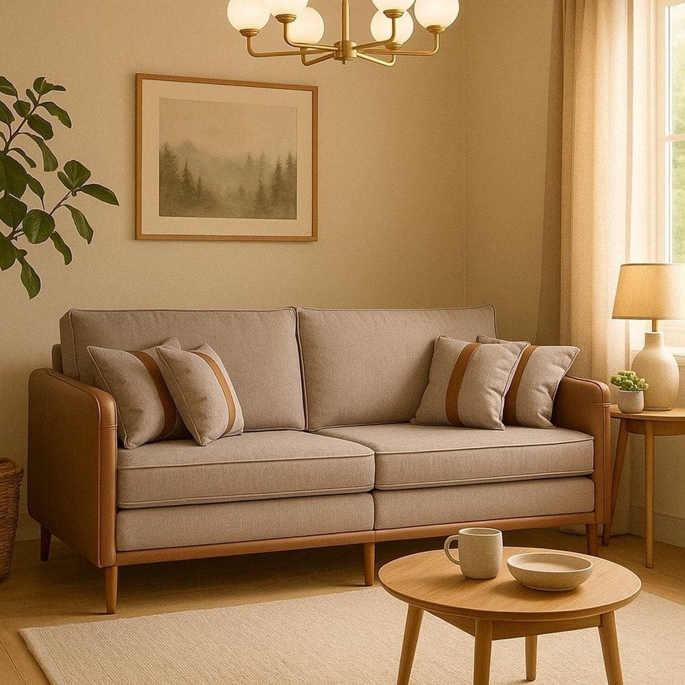 Sofá Living 3 Lugares Bipartido com Pés em Madeira Maciça 172cm Manágua Espresso Móveis Linho Bege Cinza/Sintético Caramelo