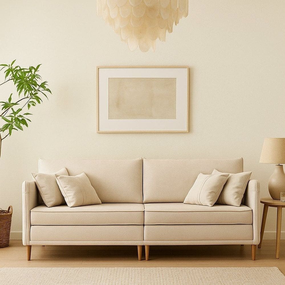 Sofá Living 3 Lugares Bipartido com Pés em Madeira Maciça 172cm Manágua Espresso Móveis Veludo Jacquard Off White