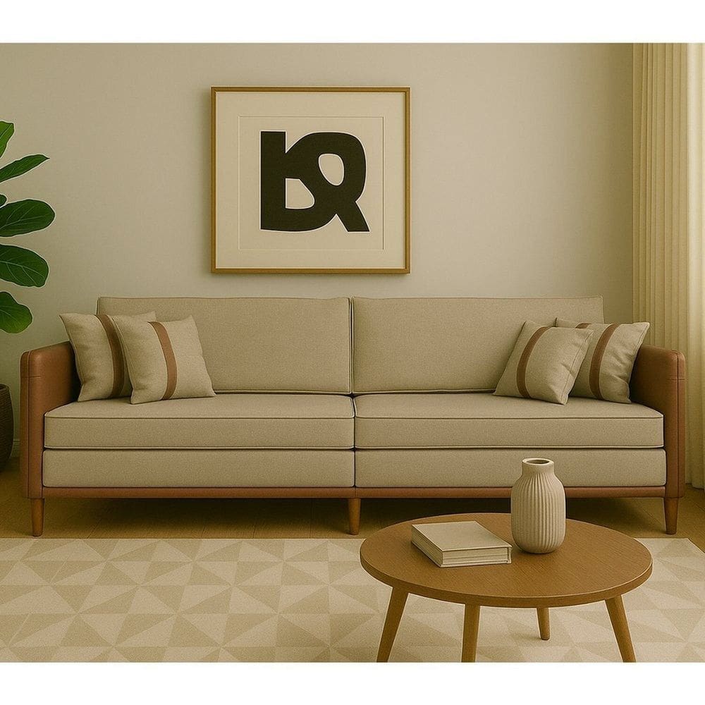 Sofá Living 3 Lugares Bipartido com Pés em Madeira Maciça 172cm Manágua Espresso Móveis Linho Bege Médio/Sintético Caramelo