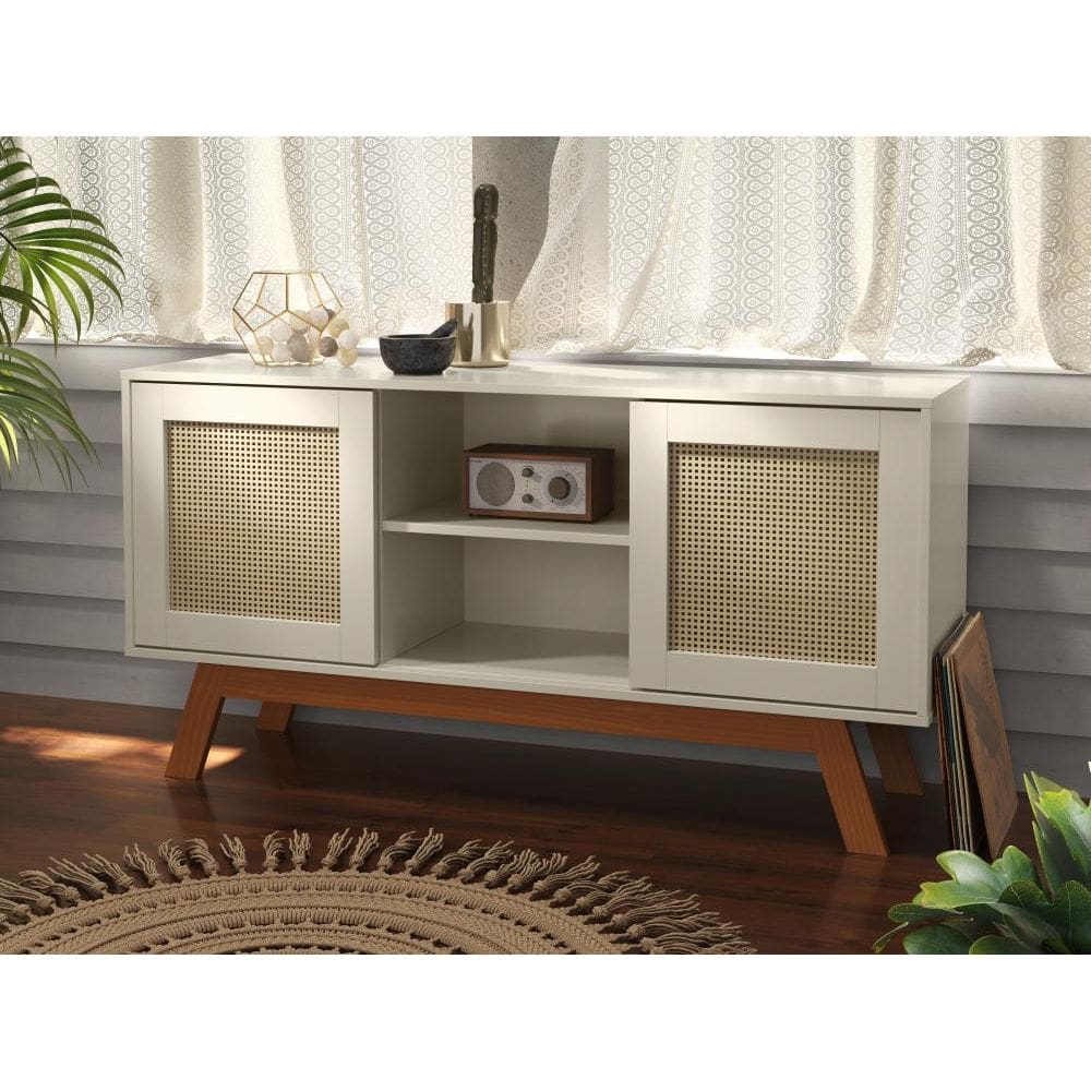 Rack Buffet Com Duas Porta De Correr Rattan Pés Em Madeira Off White - Ofertamo