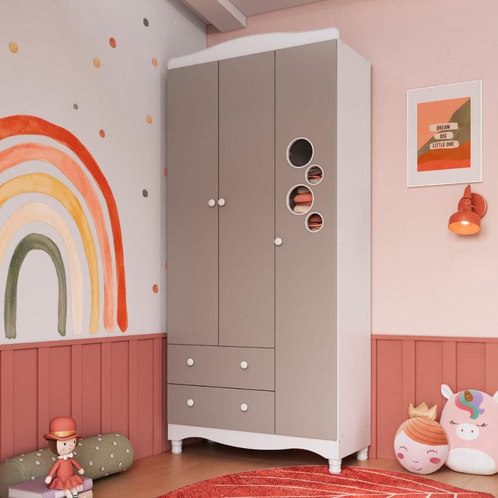 Guarda Roupas Infantil 3 Portas e 2 Gavetas 91x40x198 cm Branco e Cinnamon Completa Móveis