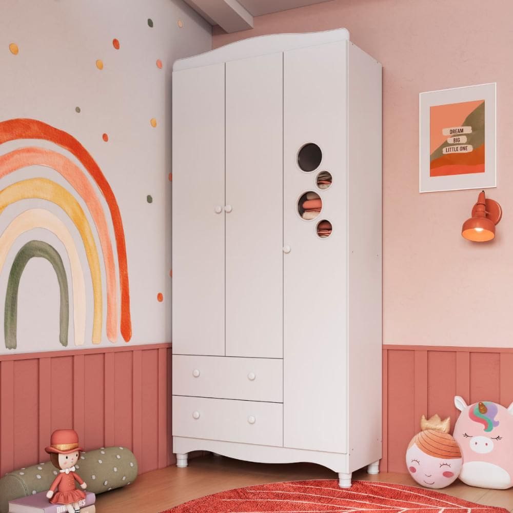 Guarda Roupas Infantil 3 Portas e 2 Gavetas 91x40x198 cm Branco Completa Móveis